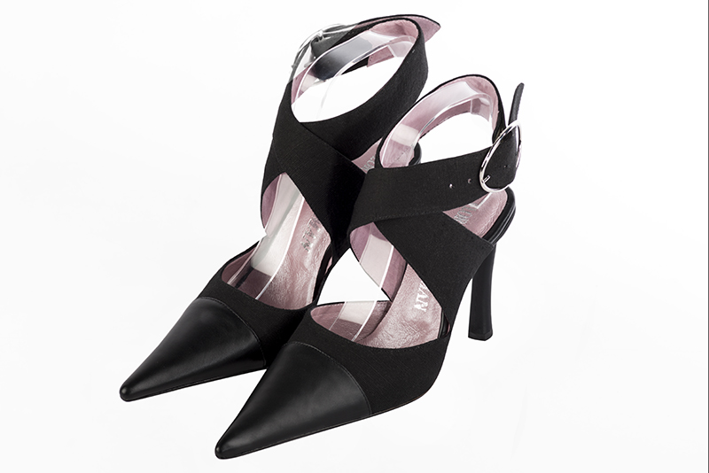 Satin black women's open back shoes, with crossed straps. Pointed toe. Very high slim heel. Front view - Florence KOOIJMAN